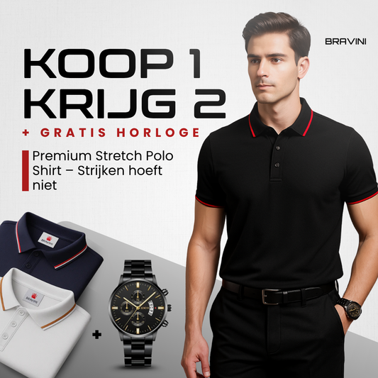Koop 1, Ontvang 2 Premium Strijkvrije Stretch Polo’s + Horloge Cadeau
