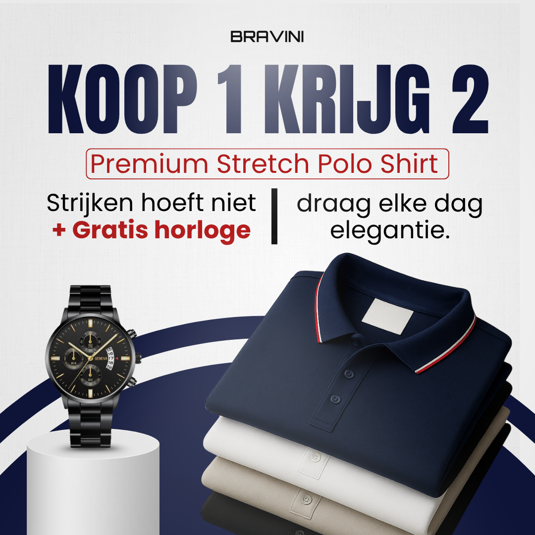 Koop 1, Ontvang 2 Premium Strijkvrije Stretch Polo’s + Horloge Cadeau